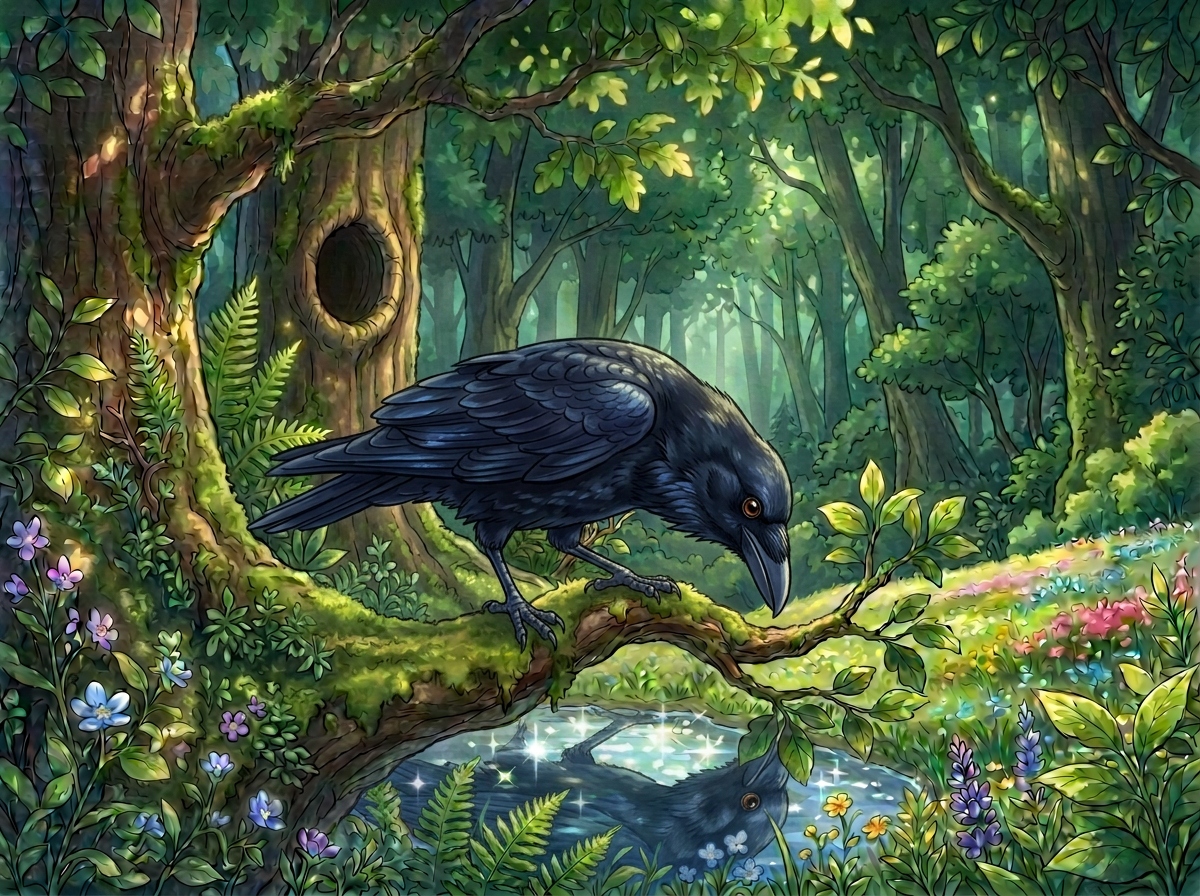 5 - akirill-learn-apprenez-translation-traduction-livres-bilingues-bilingual-books-6abbb206b369a A black raven perched on a moss-covered branch, surrounded by lush green foliage and colorful flowers, with a serene pond reflecting the scene in a forest setting.