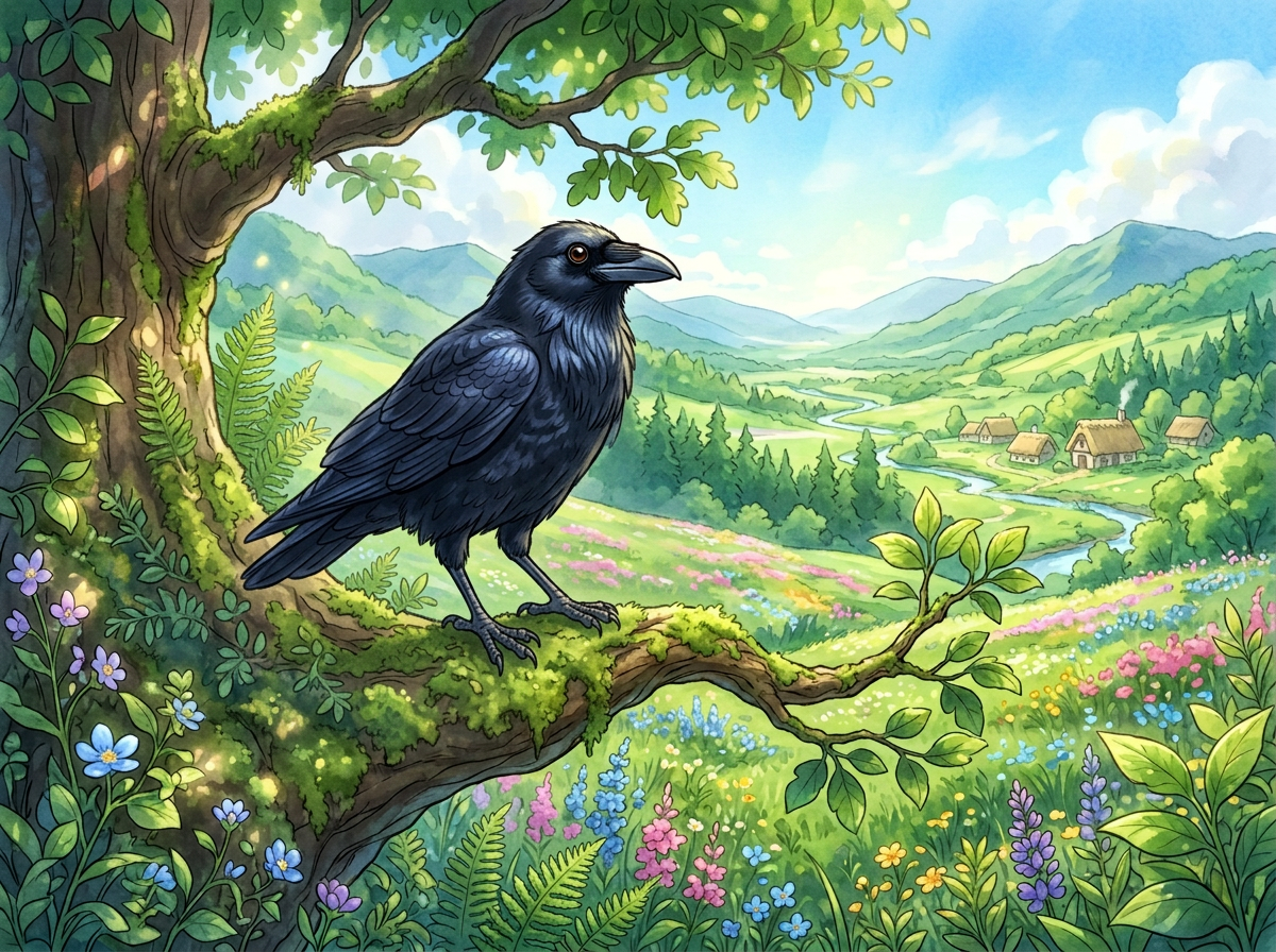 akirill-learn-apprenez-translation-traduction-livres-bilingues-bilingual-books-6abbaf465c762 A black raven perched on a moss-covered branch, overlooking a vibrant landscape of rolling hills, trees, and colorful wildflowers with a small village in the distance under a clear blue sky.