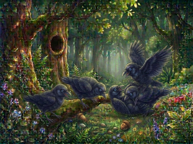 Five crows gather around colorful feathers and a toy in a forest