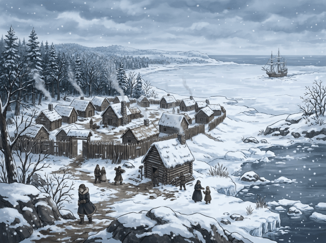 Snowy village beside frozen water with a sailing ship offshore
