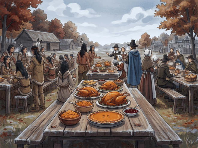 Illustrated autumn harvest feast with Indigenous and colonial-era families sharing outdoor tables