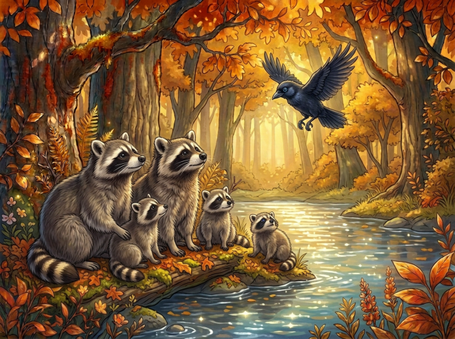 Five raccoons watching a flying raven beside an autumn forest stream