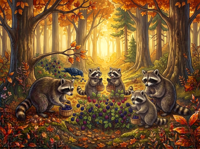 Four raccoons gather berries in an autumn forest as a crow carries a basket.